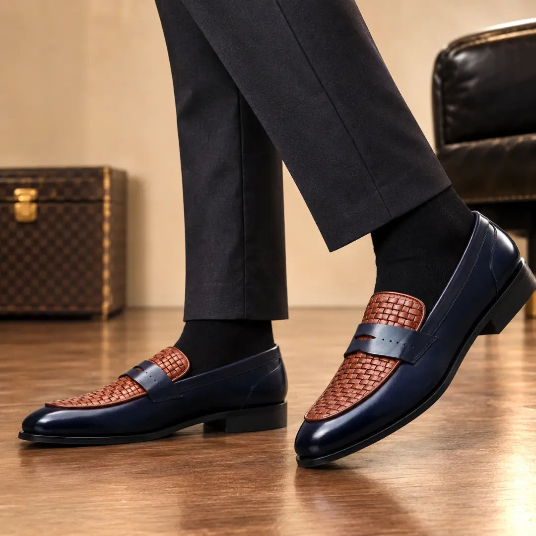 Maison Hand-Woven Two-Tone Penny Loafer for Men - Goodyear Welted Leather Shoes