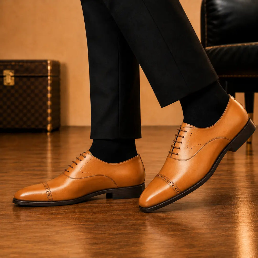 Marcello Burnished Semi-Brogue Cap-Toe Oxford for Men - Goodyear Welted Formal Shoes