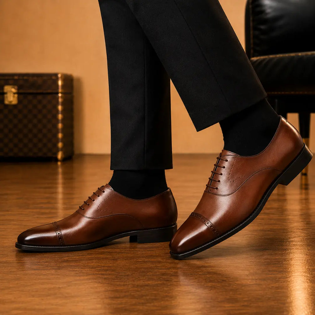 Marcello Burnished Semi-Brogue Cap-Toe Oxford for Men - Goodyear Welted Formal Shoes