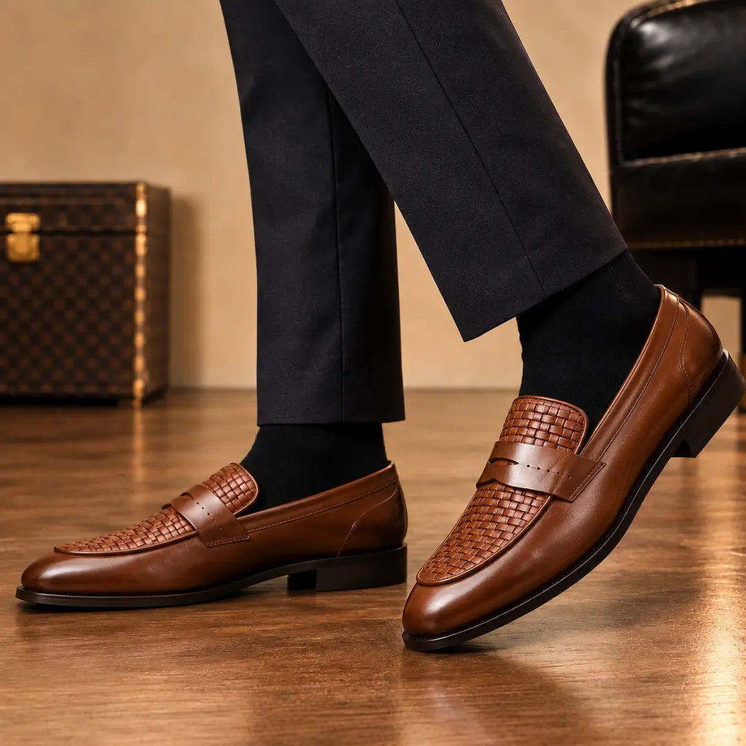 Maison Hand-Woven Two-Tone Penny Loafer for Men - Goodyear Welted Leather Shoes