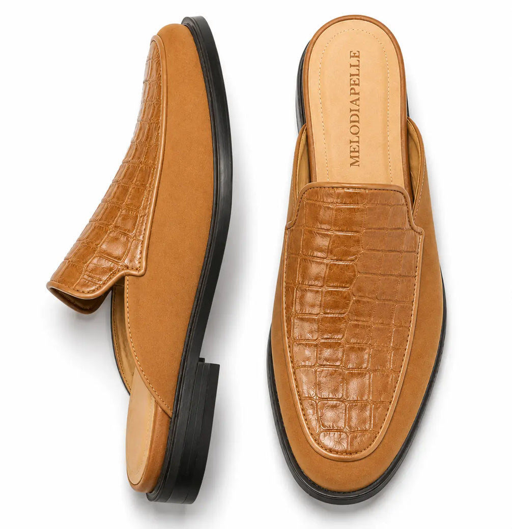 Maratea Croc-Panel Suede Mule for Men - Two-Material Backless Slip-On Shoes