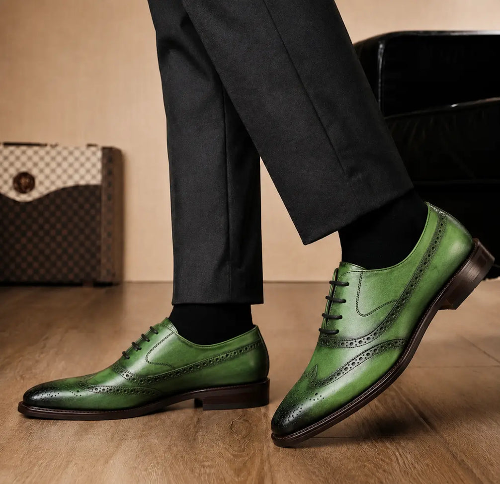 Mossverde Hand-Patina Wingtip Brogue Oxford for Men - Goodyear Welted Leather Shoes