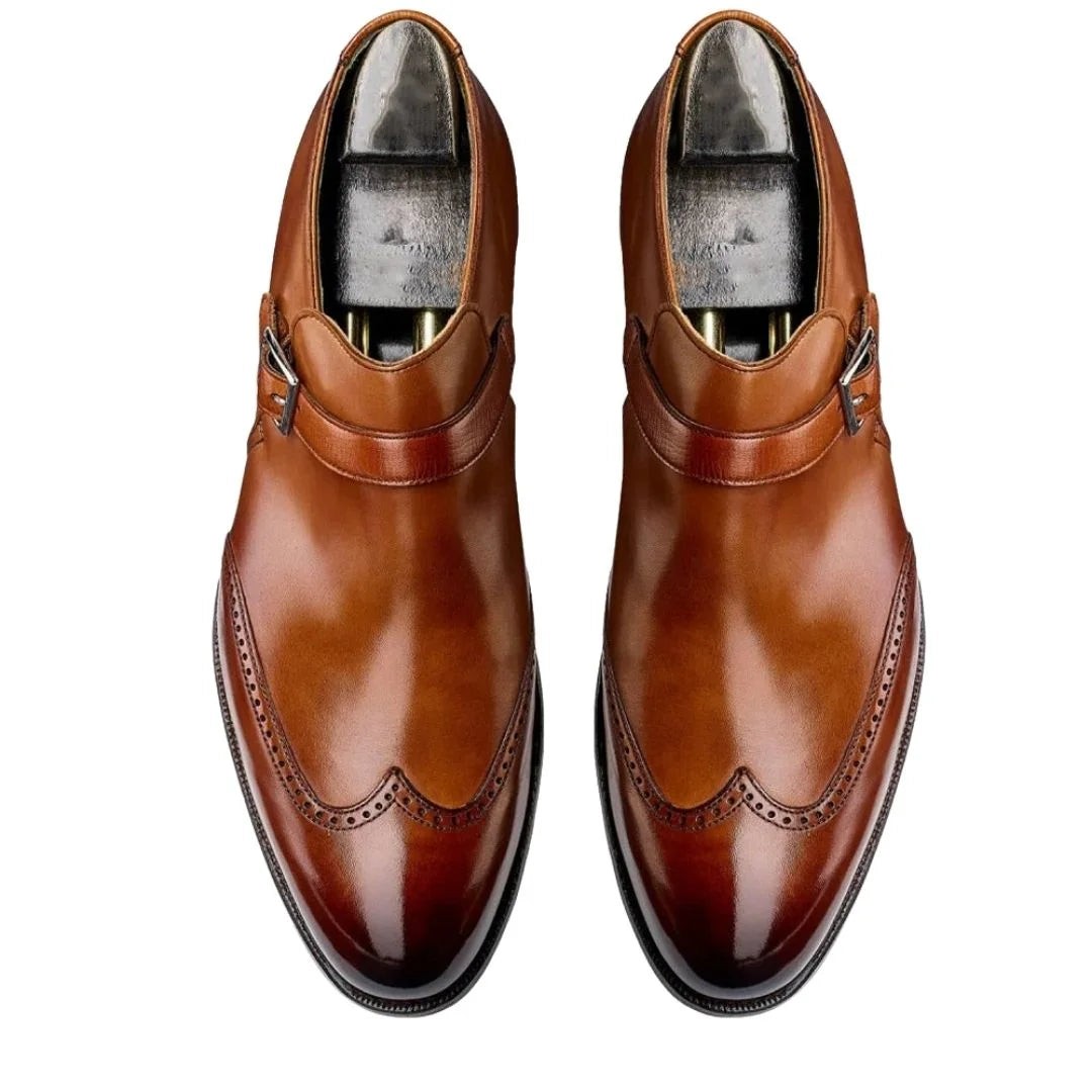 Manarola Burnished Wingtip Single Monk Strap for Men - Brogue Leather Formal Shoes
