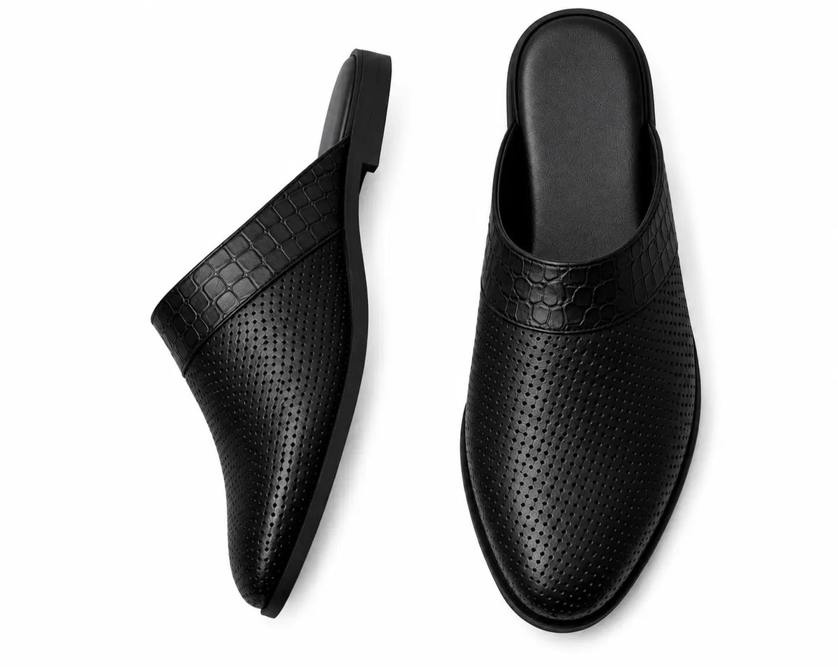 Molise Croc-Panel Perforated Mule for Men - Backless Open-Heel Leather Shoes