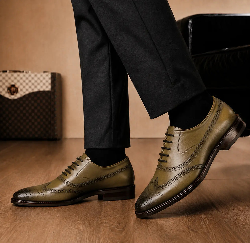 Mossverde Hand-Patina Wingtip Brogue Oxford for Men - Goodyear Welted Leather Shoes