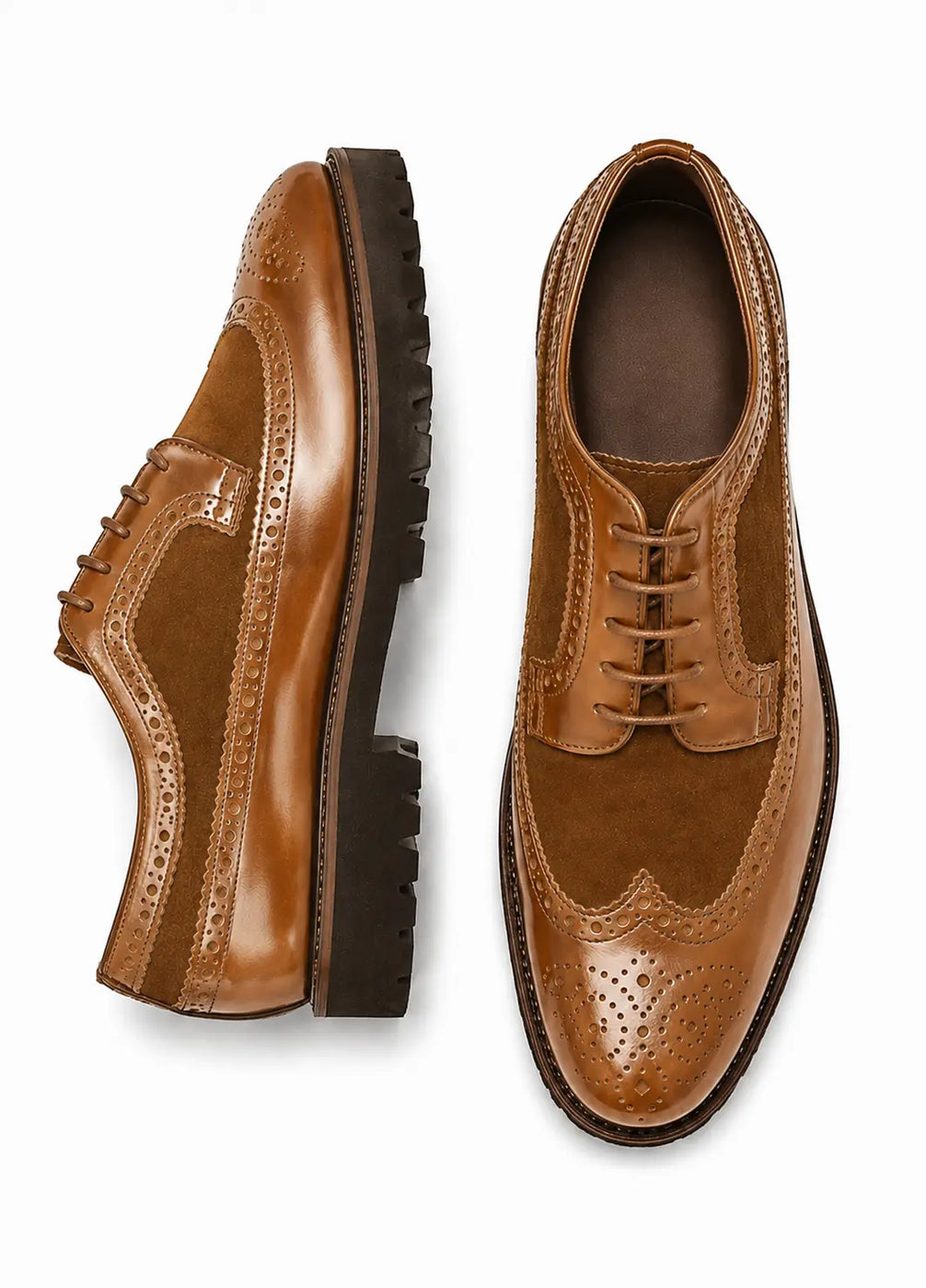 Mosaic Leather & Suede Wingtip Derby for Men - Goodyear Welted Lug-Sole Shoes