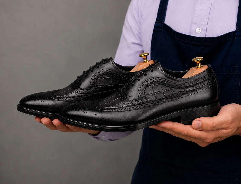 Malcomb Croc-Panel Wingtip Derby for Men - Goodyear Welted Leather Shoes