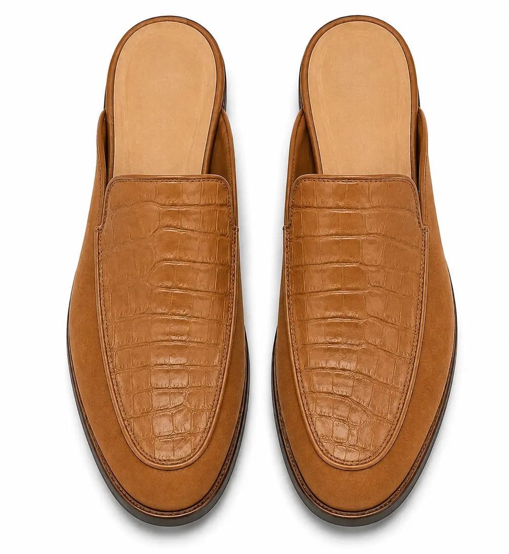 Maratea Croc-Panel Suede Mule for Men - Two-Material Backless Slip-On Shoes