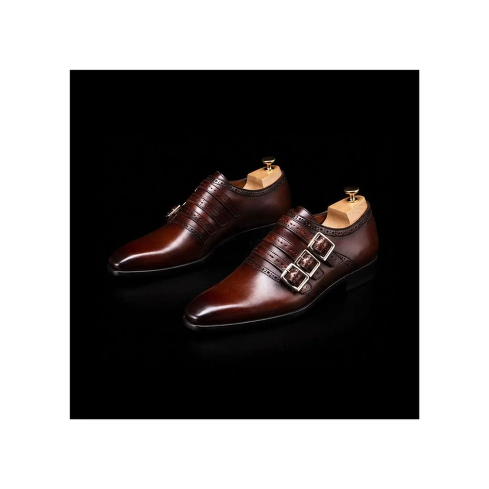 Mesola Burnished Brogue Triple Monk Strap for Men - Perforated Leather Party Shoes