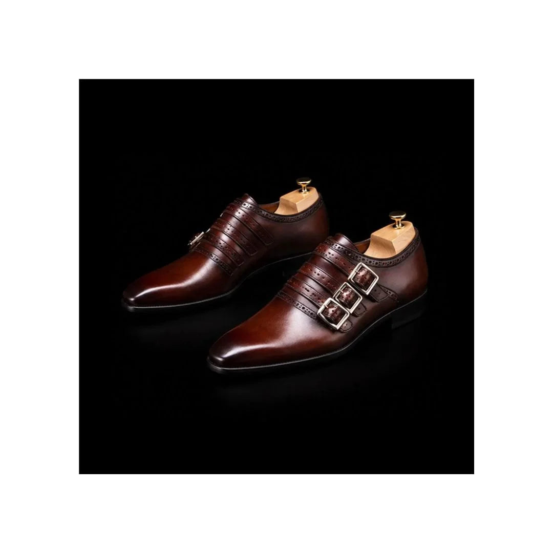 Mesola Burnished Brogue Triple Monk Strap for Men - Perforated Leather Party Shoes