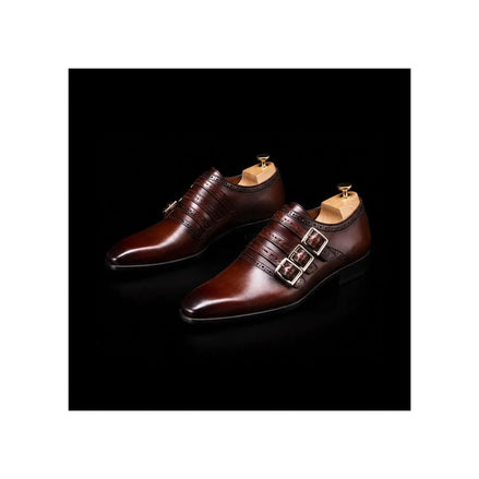 Mesola Burnished Brogue Triple Monk Strap for Men - Perforated Leather Party Shoes