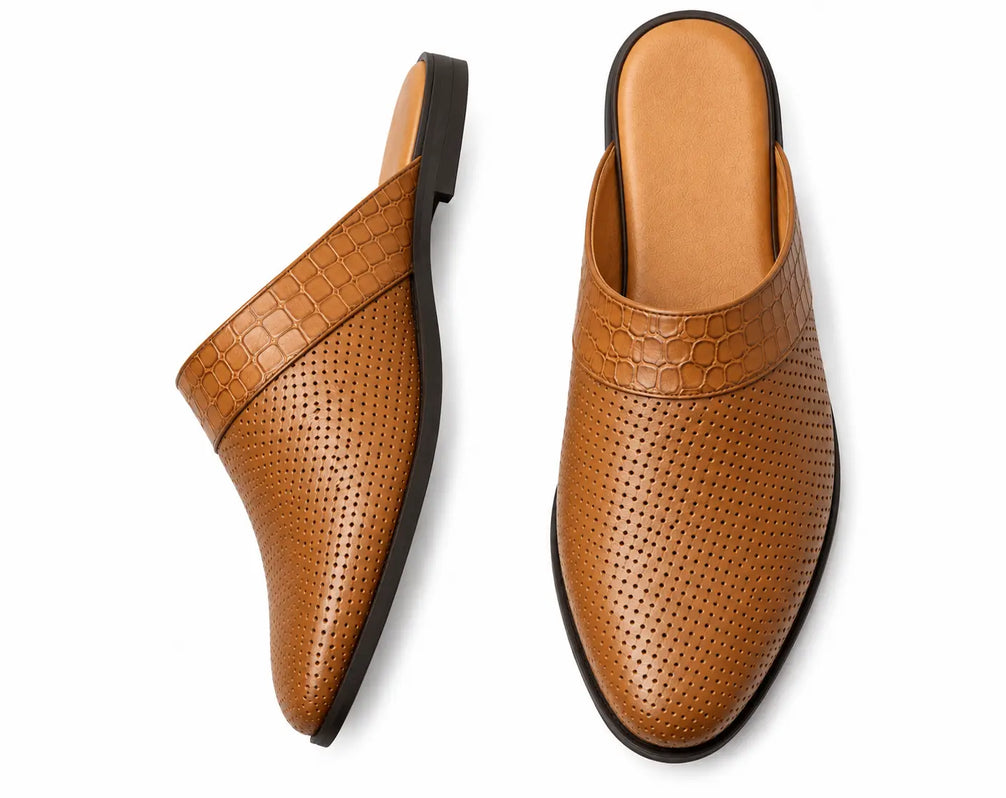 Molise Croc-Panel Perforated Mule for Men - Backless Open-Heel Leather Shoes