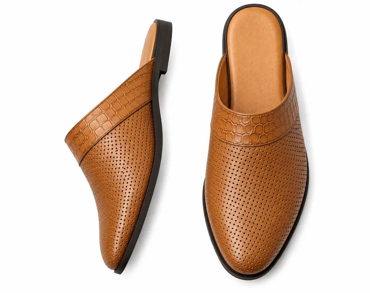 Molise Croc-Panel Perforated Mule for Men - Backless Open-Heel Leather Shoes