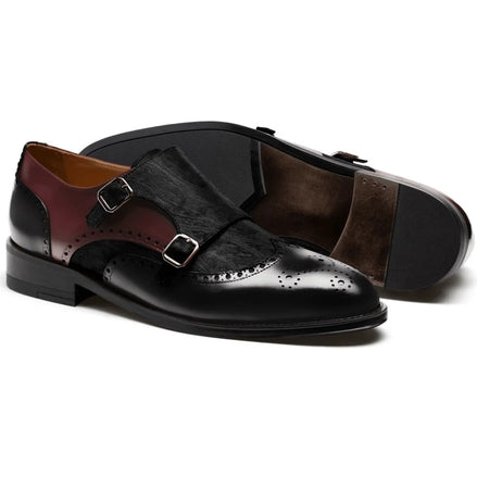 Malaga Three-Material Wingtip Double Monk Strap for Men - Hair-Calf Brogue Statement Shoes