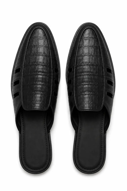 Melfi Croc-Embossed Slit-Vamp Mule for Men - Backless Block-Heel Shoes