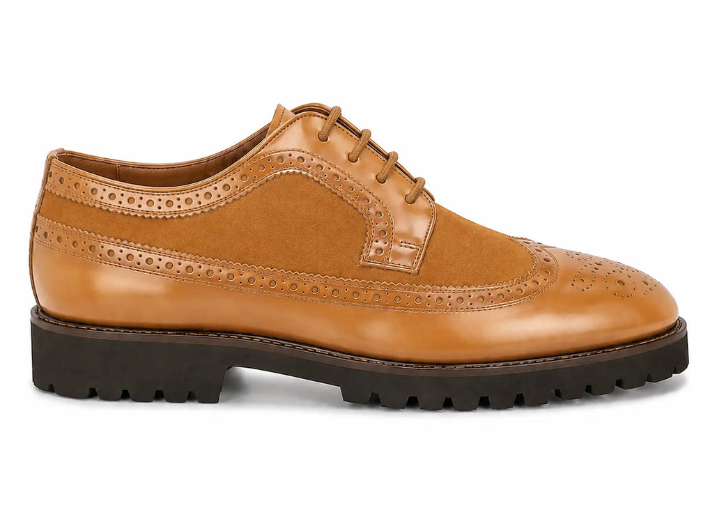 Mosaic Leather & Suede Wingtip Derby for Men - Goodyear Welted Lug-Sole Shoes