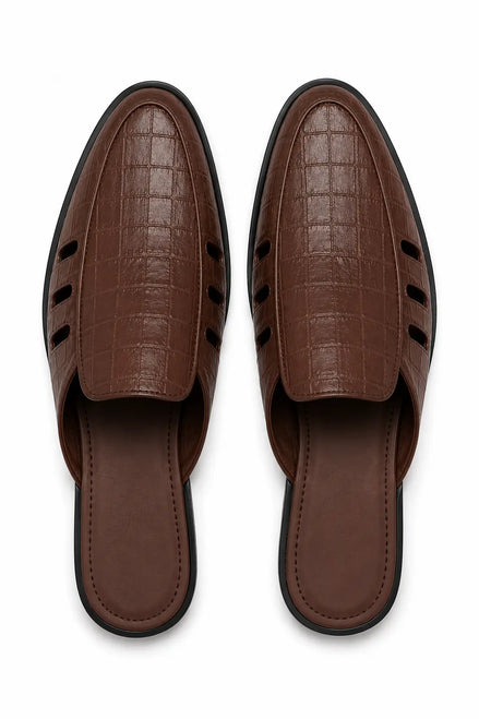 Melfi Croc-Embossed Slit-Vamp Mule for Men - Backless Block-Heel Shoes