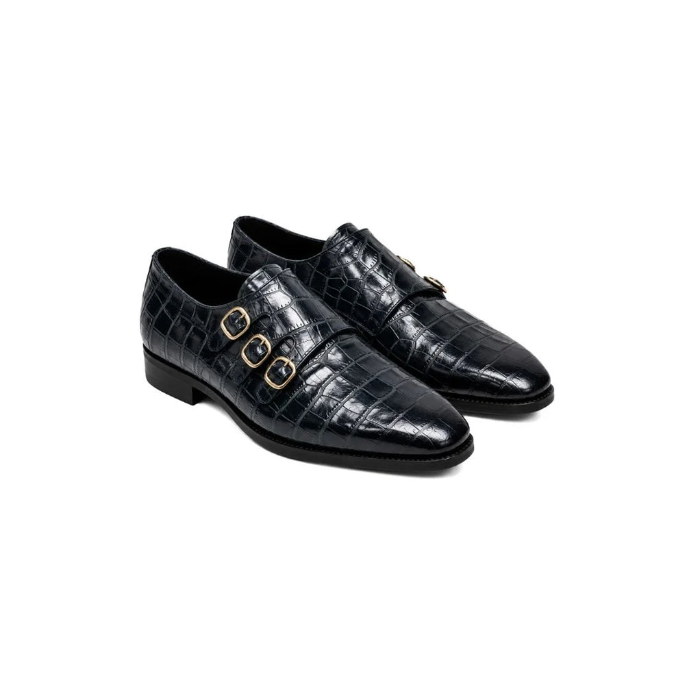 Monthey Polished Croc-Embossed Triple Monk Strap for Men - High-Shine Croc Leather Party Shoes