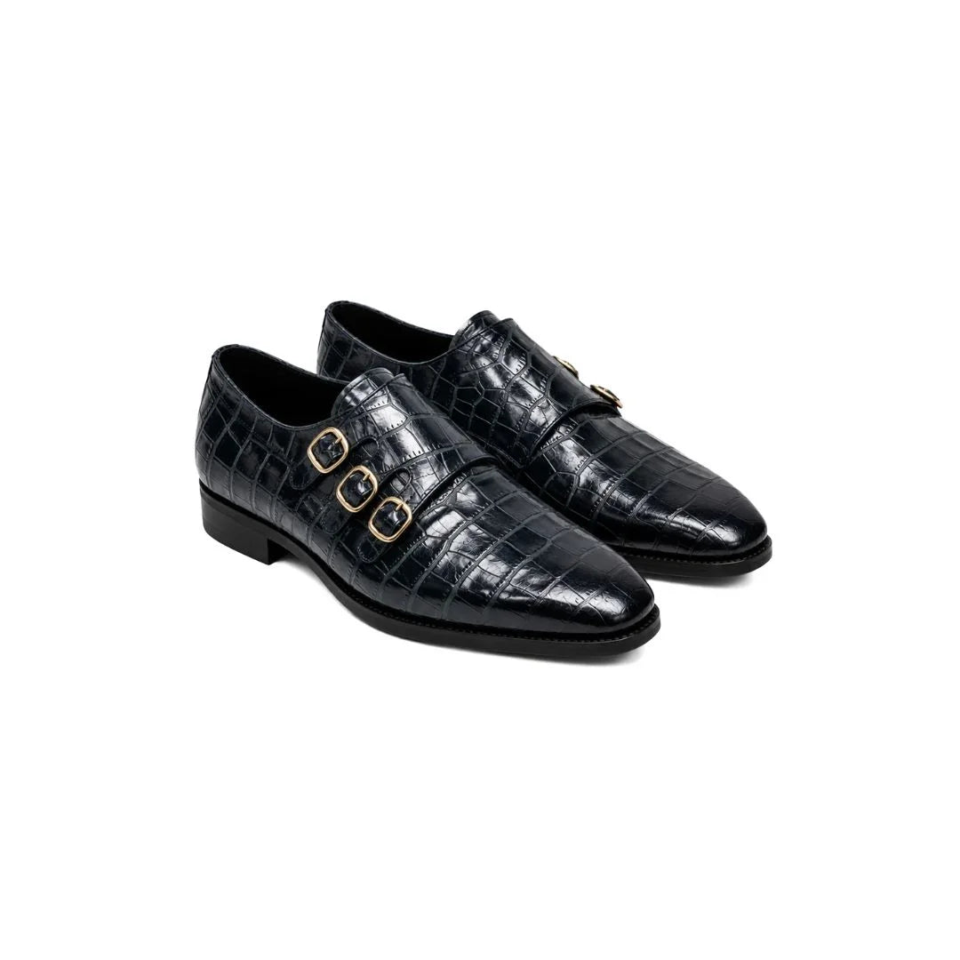 Monthey Polished Croc-Embossed Triple Monk Strap for Men - High-Shine Croc Leather Party Shoes
