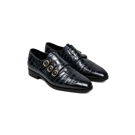 Monthey Polished Croc-Embossed Triple Monk Strap for Men - High-Shine Croc Leather Party Shoes