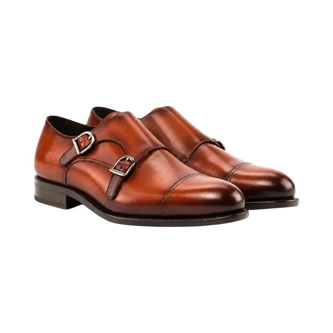 Miranda Burnished Cap-Toe Double Monk Strap for Men - Classic Leather Formal Shoes