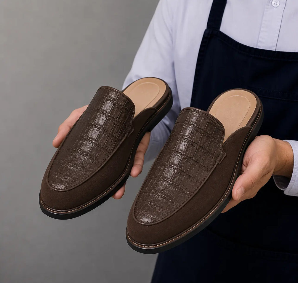 Maratea Croc-Panel Suede Mule for Men - Two-Material Backless Slip-On Shoes