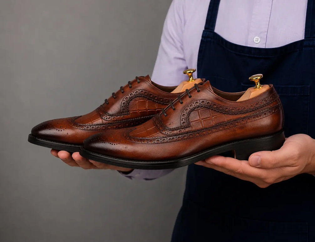 Malcomb Croc-Panel Wingtip Derby for Men - Goodyear Welted Leather Shoes