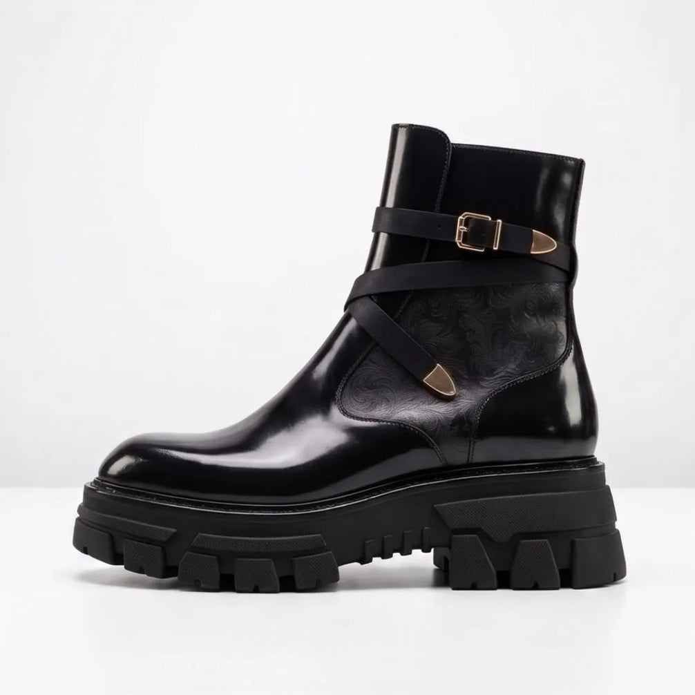 Moscazzano Chain-Strap Platform Buckle Boot for Men - Chunky Leather Buckle Boots