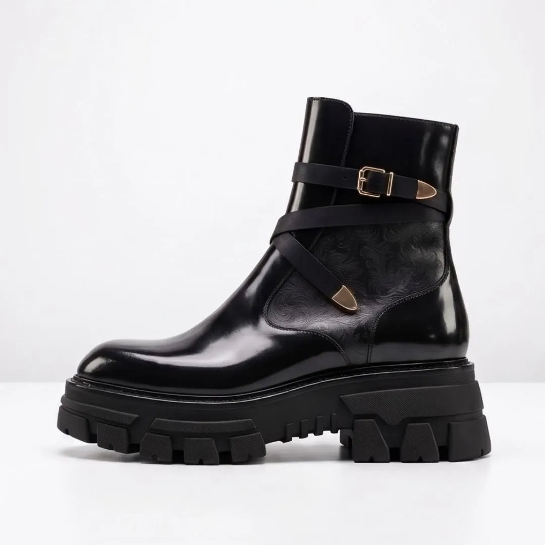 Moscazzano Chain-Strap Platform Buckle Boot for Men - Chunky Leather Buckle Boots