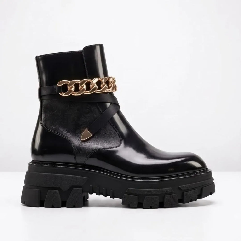 Moscazzano Chain-Strap Platform Buckle Boot for Men - Chunky Leather Buckle Boots