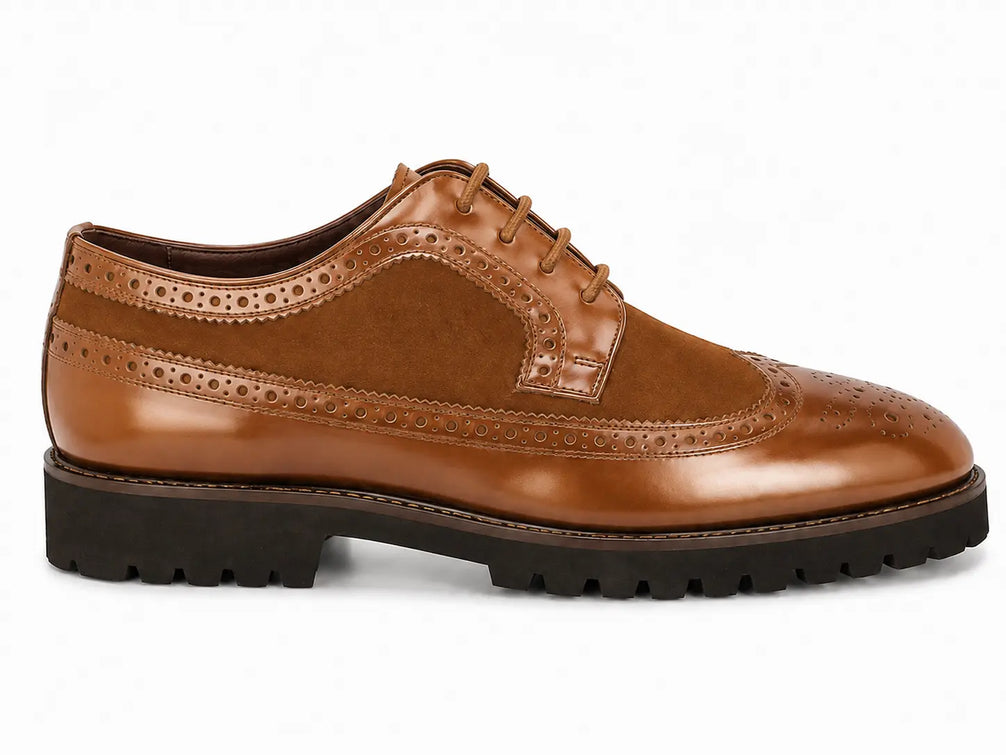 Mosaic Leather & Suede Wingtip Derby for Men - Goodyear Welted Lug-Sole Shoes