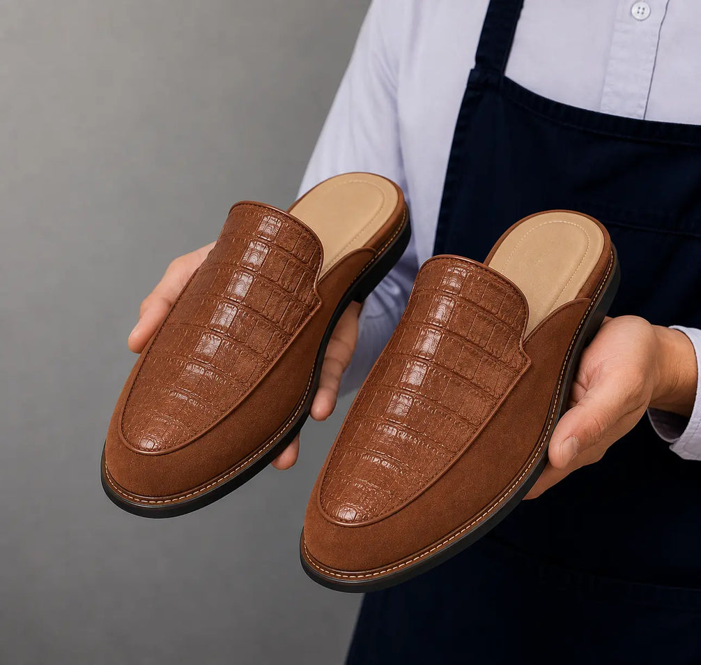 Maratea Croc-Panel Suede Mule for Men - Two-Material Backless Slip-On Shoes