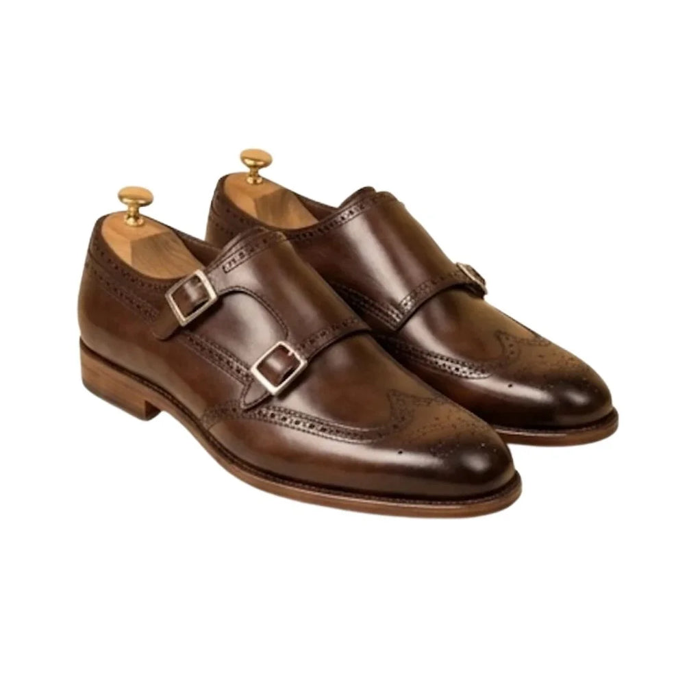 Monforte Brogued Wingtip Double Monk Strap for Men - Burnished Leather Dress Shoes