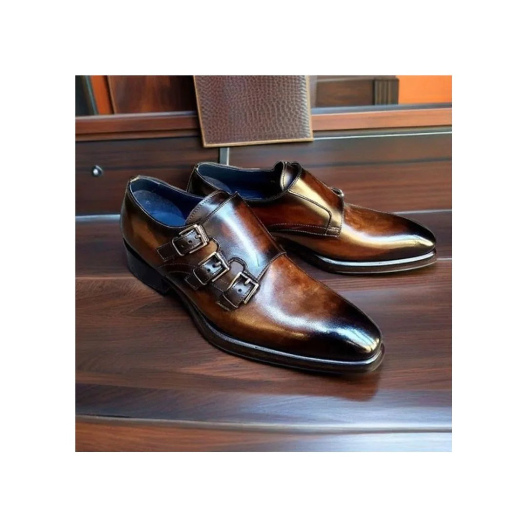 Melk Streaked-Patina Plain-Toe Triple Monk Strap for Men - Hand-Burnished Leather Statement Shoes
