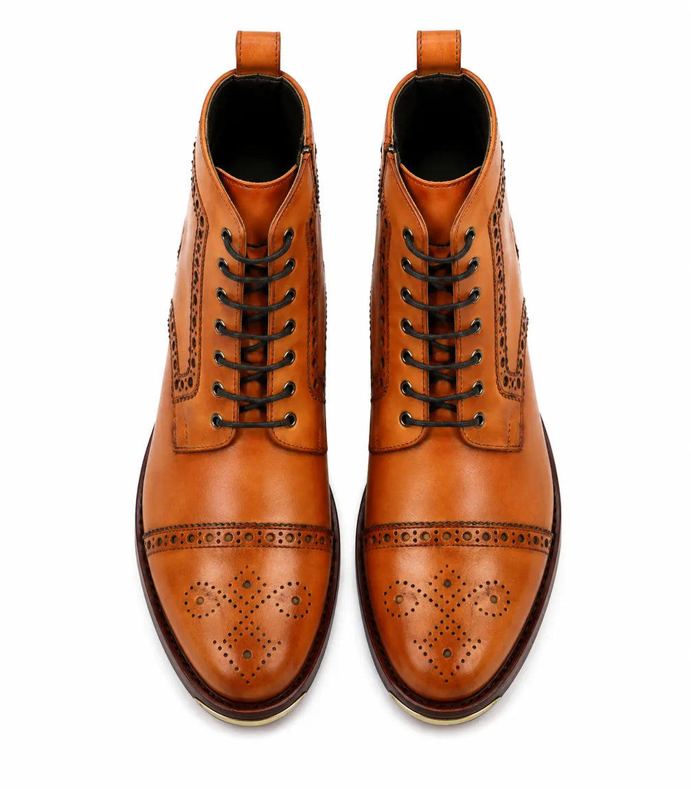 Mendoza Full-Brogue Cap-Toe Boot for Men - Handmade Leather Lace-Up Boots