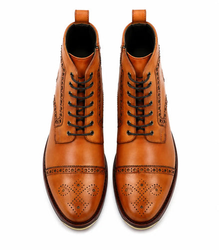 Mendoza Full-Brogue Cap-Toe Boot for Men - Handmade Leather Lace-Up Boots