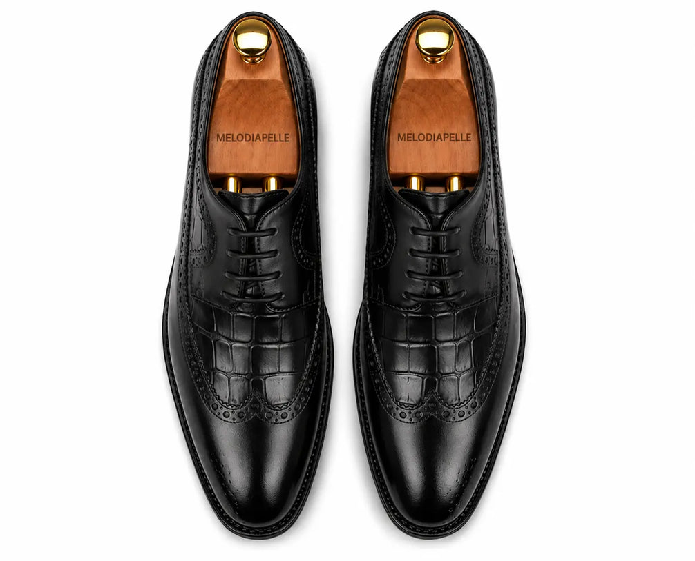 Malcomb Croc-Panel Wingtip Derby for Men - Goodyear Welted Leather Shoes