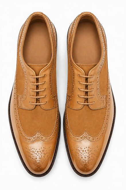 Mosaic Leather & Suede Wingtip Derby for Men - Goodyear Welted Lug-Sole Shoes