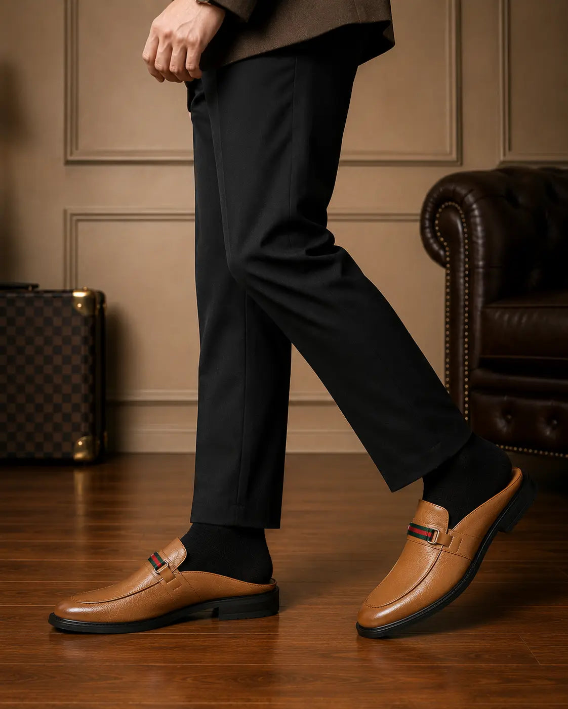 Mirepoix Web-Stripe Grained Mule for Men - Backless Block-Heel Shoes