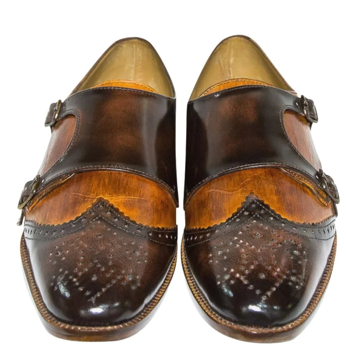 Mazarron Two-Tone Patina Wingtip Double Monk Strap for Men - Hand-Painted Brogue Shoes
