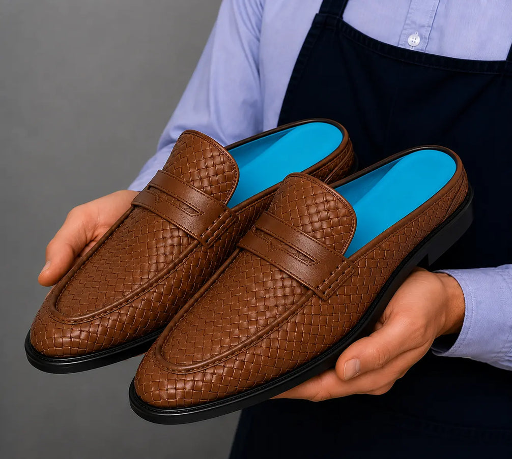 Mantero Woven-Embossed Penny Mule for Men - Backless Block-Heel Shoes