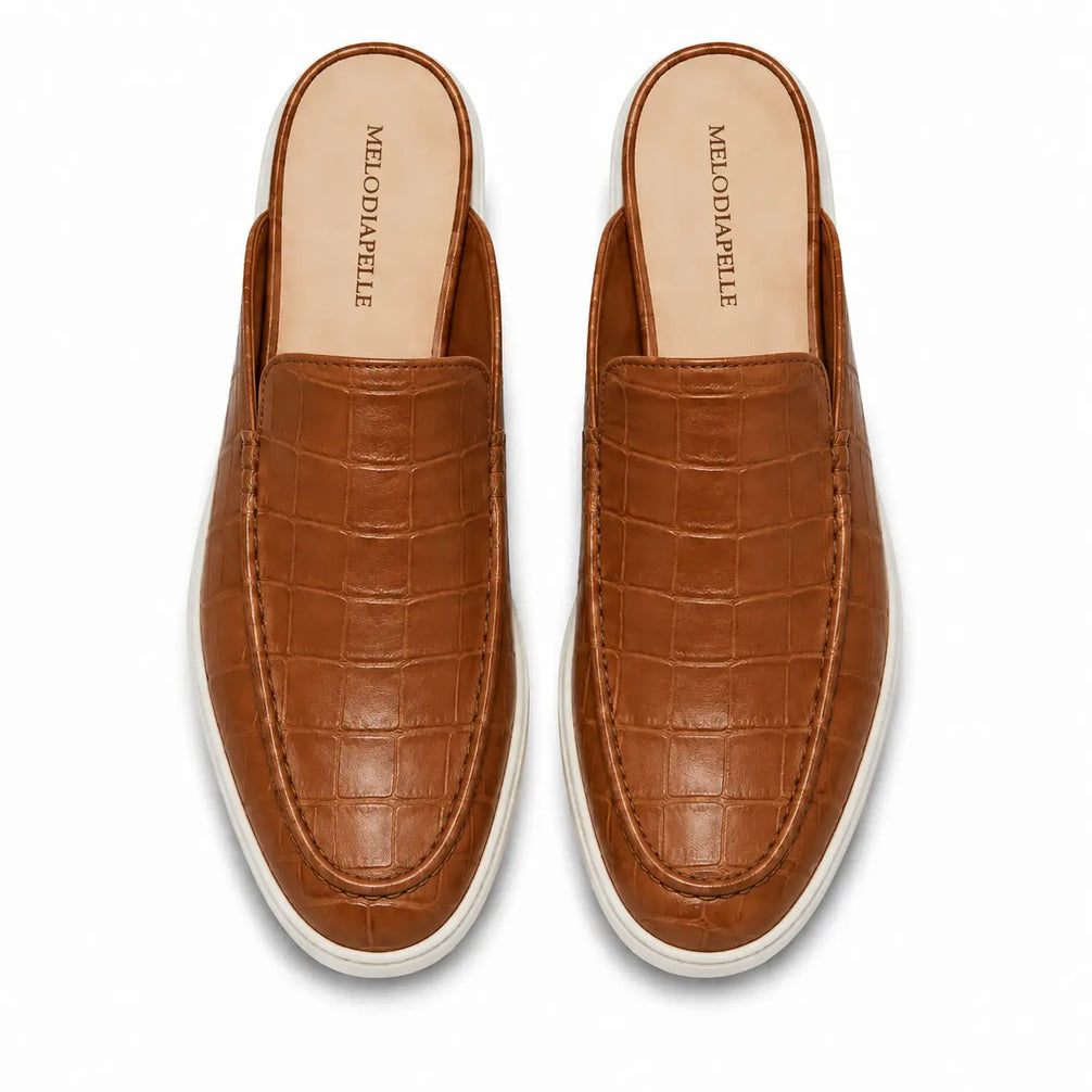 Mataro Croc-Embossed Cupsole Mule for Men - Backless Leather Slip-On Shoes