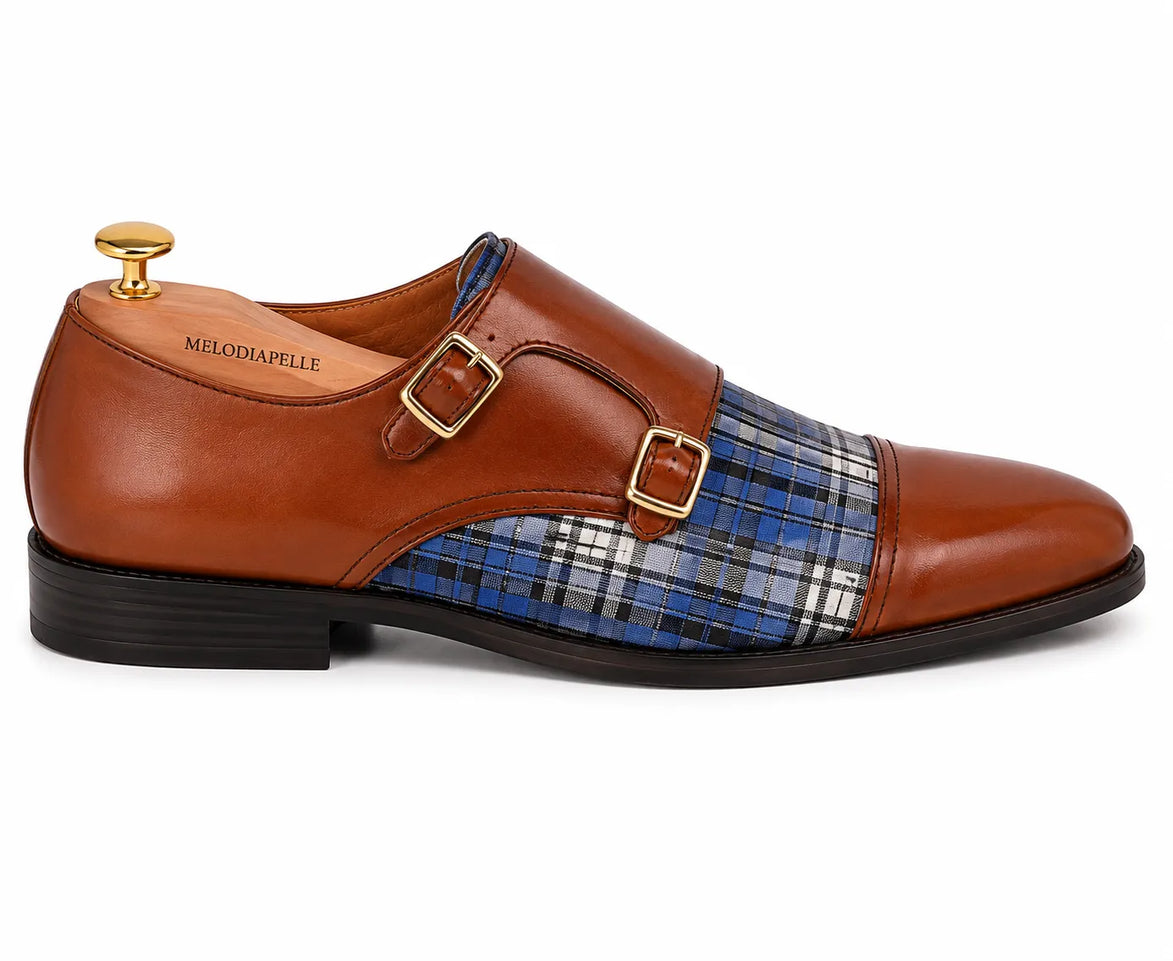 Monfort Tartan Monk Strap // Tan & Blue Tartan