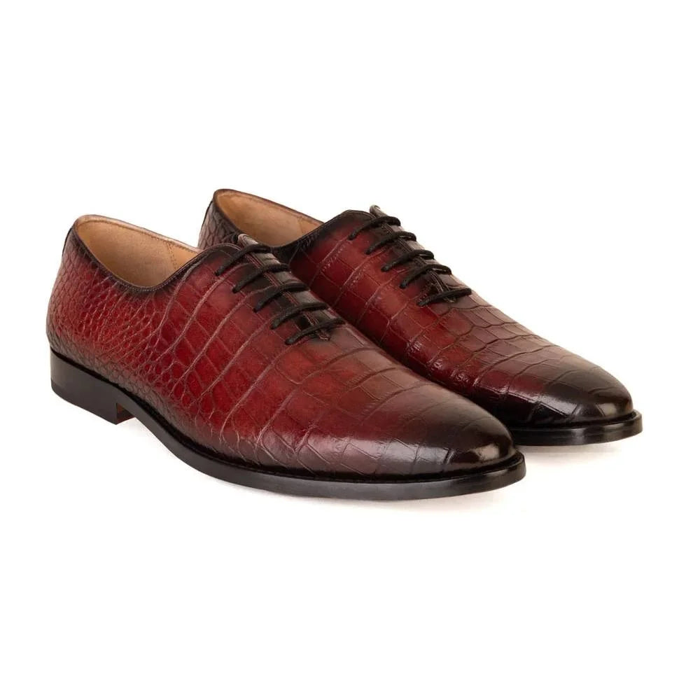 Morgex Glossy Croc-Embossed Wholecut Oxford for Men - Burnished Leather Party Shoes