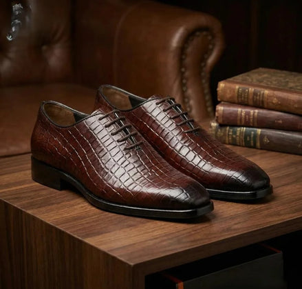 Monterchi Burnished Croc-Embossed Wholecut Oxford for Men - Leather Party Wear Oxford Shoes