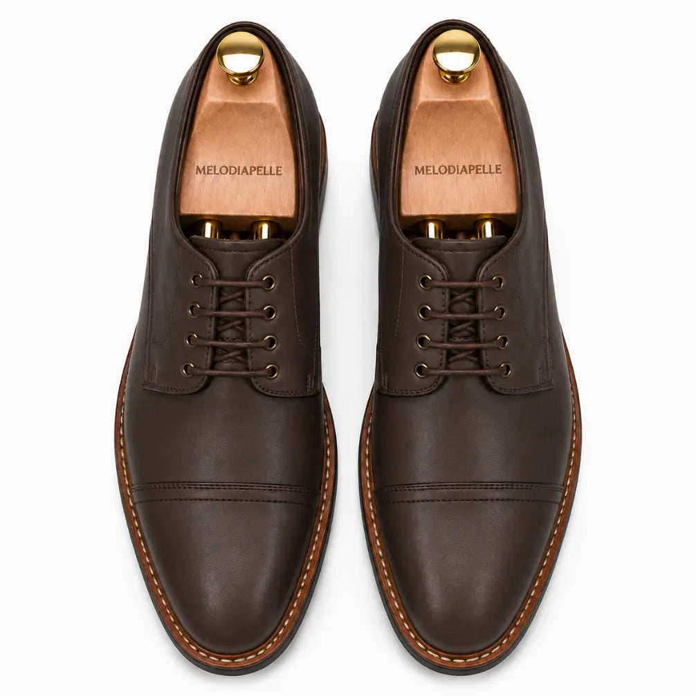 Melodiapelle Max Cap Toe Derby in dark brown leather, pair top-down view, handcrafted in Agra