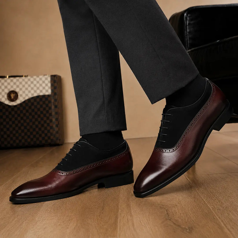 Melodiapelle Bellagio burgundy and black suede leather Oxford worn with formal trousers, on-feet shot