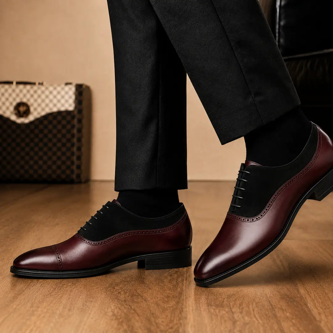 Melodiapelle Bellagio burgundy and black suede leather Oxford worn with formal trousers, on-feet shot