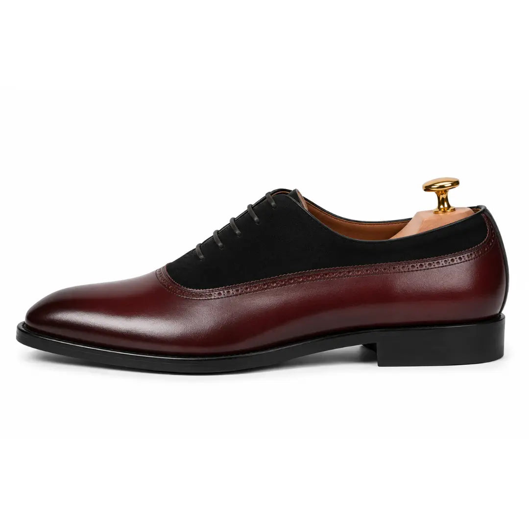 Side profile of the Bellagio burgundy and black suede leather Oxford on white background