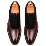 Melodiapelle Bellagio burgundy and black suede leather Oxford, pair top-down view, handcrafted in Agra